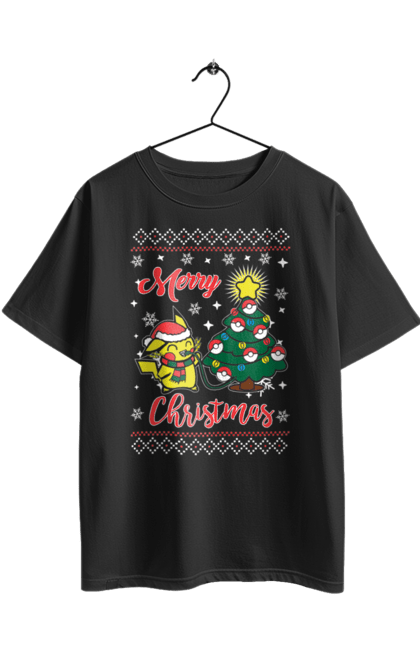 Футболка оверсайз з принтом "Пікачу Веселого Різдва!". Christmas, merry christmas, nintendo, pikachu, pokemon, аніме, гра, пікачу, покемон, різдво. 2070702
