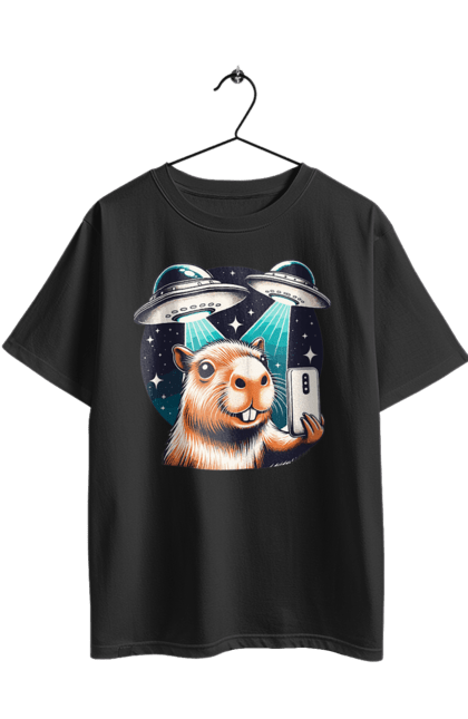 Футболка оверсайз з принтом "Капібара". Capybara, водосвинка, гризун, інопланетяни, капібара, космос, нло, тварина. 2070702