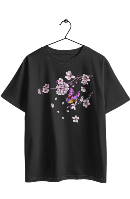 Футболка оверсайз з принтом "Метелик І Сакура". Весна, дерево, метелик, сакура. 2070702