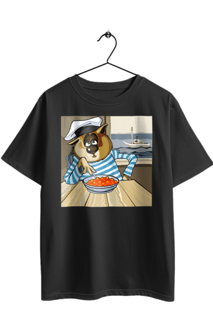 Футболка оверсайз з принтом "Кот Моряк, На Кораблі Їсть Червону Ікру". Ікра, кіт, корабель, моряк. 2070702