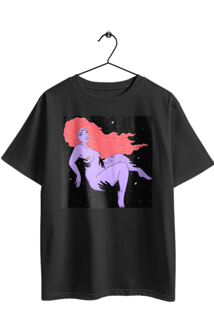 Футболка оверсайз з принтом "Фіолетова Дівчина В Чорній Дирі". Дівчина, лапають. 2070702