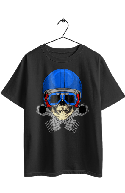 Футболка оверсайз з принтом "череп мотолюбитель". Байкер, окуляри, череп, шолом. 2070702