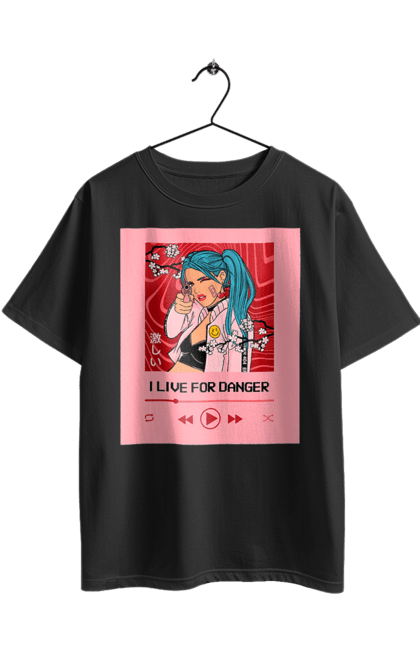 Футболка оверсайз з принтом "I Live For Danger". Аніме, музика, пістолет, програвач. 2070702
