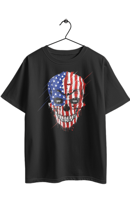 Футболка оверсайз з принтом "Череп з прапором". Зуби, кістки, орел, посмішка, прапор, сша, череп. 2070702
