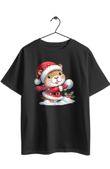 Футболка оверсайз з принтом "Капібара грає у сніжки". Гра, капібара, новий рік, подарунок, різдво, різдвяна капібара, санта, свято, сніжки, тварина. 2070702
