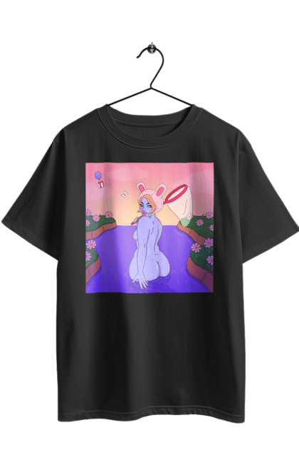 Футболка оверсайз з принтом "Фіолетова Дівчина На Полюванні". Гола, дівчина, сачок. 2070702