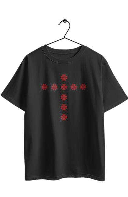 Футболка оверсайз з принтом "Хрес з візерунків". Вишиванка, вишивка, візерунок, вітчизна, крест, народність, україна. 2070702