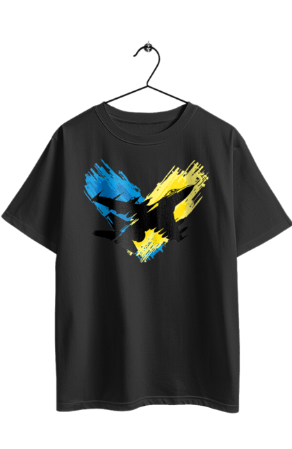 Футболка оверсайз з принтом "Літак F 16". З прапором, зсу, літак, літак f16, патріотична, прапор, ф16. 2070702