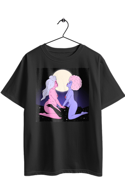Футболка оверсайз з принтом "Дві Інопланетянки І Місяць". Дівчата, зверху, інопланетянки. 2070702