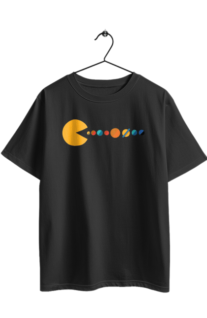 Футболка оверсайз з принтом "Pac Man Planets". Atari, namco, pac man, аркадна відеогра, відеогра, комп`ютерна гра, космос, лабіринт, планети, сонячна система. 2070702