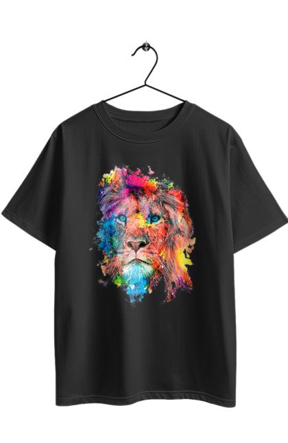 Футболка оверсайз з принтом "Лев із фарби". Барвистий лев, індійський лев, лев, лев та холі, розмальовка, святковий лев, фарби, холи. 2070702
