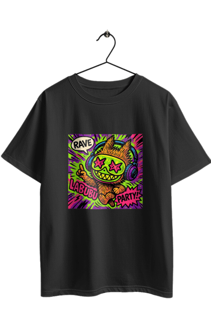 Футболка оверсайз з принтом "Лабубу". Вечірка, вуличне мистецтво, графіті, зоряніочі, коміксстиль, лабубу, навушники, неон, попарт, рейв. 2070702