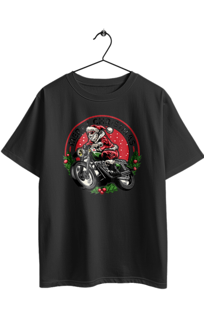 Футболка оверсайз з принтом "Щасливого Різдва, дід мороз на мотоциклі". 2022, дід мороз, зима, мотоцикл, новий рік, подарунки, різдво, санта, сніг. 2070702