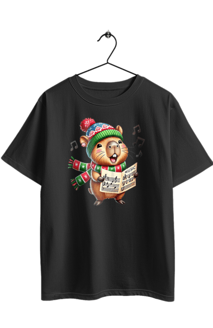 Футболка оверсайз з принтом "Капібара співає різдвяні пісні". Капібара, музика, новий рік, подарунок, різдво, різдвяна капібара, санта, свято, тварина, хор. 2070702