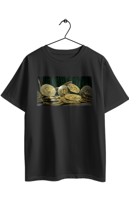 Футболка оверсайз з принтом "Біткойн". Багатство, біткойн, валюта, гроші, криптовалюта, курс, майнінг, матриця, монета, розкіш, цифровий світ. 2070702