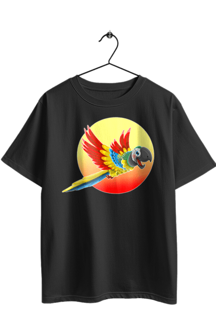 Футболка оверсайз з принтом "Папуга На Тлі Сонця". Ара, веселий, відпочинок, відпустка, диск, жарко, жовтий, коло, кольоровий, крила, літає, літо, папуга, папужка, пір`я, політ, помаранчевий, птах, різнокольоровий, сонце, сонячно, спека, тепло, тропіки, у польоті, червоний. 2070702