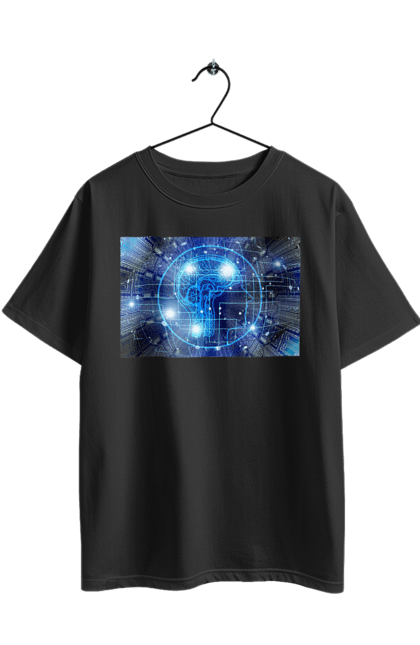 Футболка оверсайз з принтом "Штучний інтелект". Айті, айтішник, гік, знання, інженер, інтелект, кібер, кібернетика, кіборг, код, комп, комп`ютерник, кристал, машинне навчання, мікросхема, мозок, портрет, програміст, професіонал, професія, розробник, розум, хакер, чіп, штучний інтелект, штучний розум. 2070702