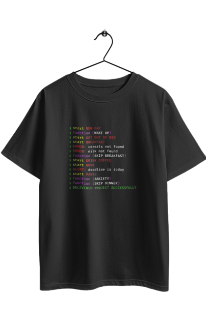 Футболка оверсайз с принтом Жизнь программиста. Angular, c, css, html, it, javascript, jquery, php, programmer, python, react, svelt, vue, айти, айтишник, код, кодировать, кодить, прогер, программист, программисты, ты ж, ты же, ты же программист, тыж, тыж программист, юмор. 2070702
