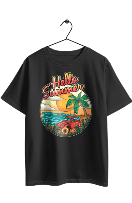 Футболка оверсайз з принтом "Привіт Літо, Машина Біля Моря". Літо, машина, острів, пальма, пляж. 2070702