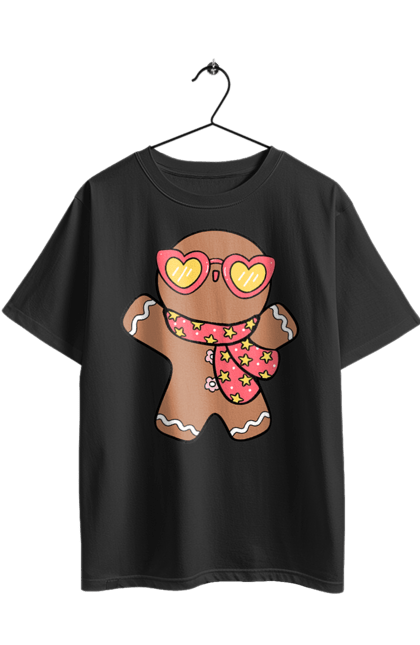 Футболка оверсайз з принтом "Імбирний пряник в окулярах". Актуальне, зимові свята, імбирне печиво, новий рік, печиво, різдво, різдвяний декор, різдвяний принт, святковий настрій, солодощі. 2070702