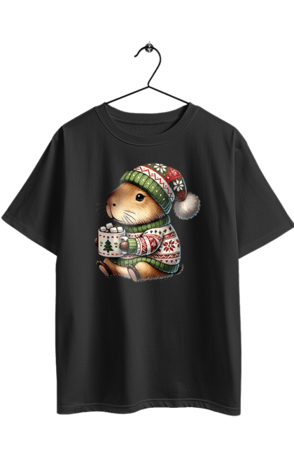 Футболка оверсайз з принтом "Капібара з гарячим шоколадом". Гарячий шоколад, капібара, новий рік, подарунок, різдво, різдвяна капібара, санта, свято, тварина. 2070702