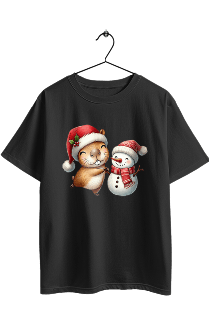Футболка оверсайз з принтом "Капібара та сніговик". Капібара, новий рік, новорічний подарунок, подарунок, різдво, різдвяна капібара, санта, свято, сніговик, тварина. 2070702