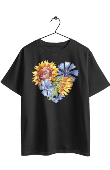 Футболка оверсайз з принтом "Серце соняшники та фіалки". Квіти, люблю україну, любов, серце, соняшник, україна, фіалки. 2070702