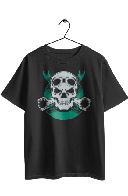 Футболка оверсайз з принтом "череп мотолюбитель". Байк, мото, окуляри, череп. 2070702