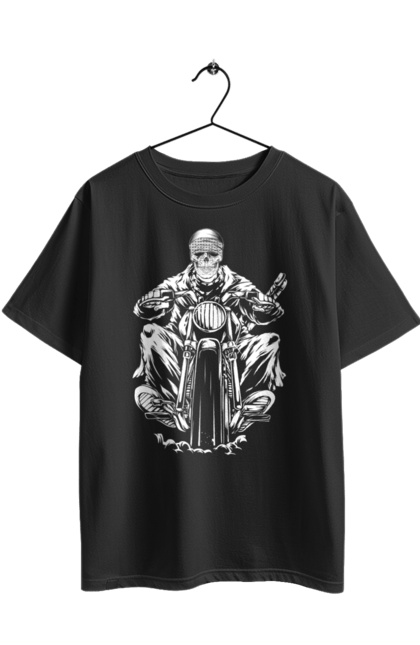 Футболка оверсайз з принтом "Череп на мотоциклі". Байкер, мотоцикл, скелет, череп. 2070702