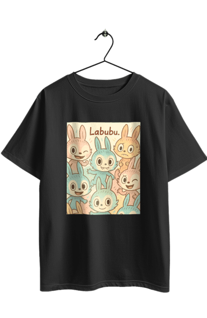 Футболка оверсайз з принтом "Лабубу". Безтурботно, грайливо, дизайнперсонажу, каваї, лабубу, милі мистецтво, ніжні відтінки, пастельніквіти, стиль мультфільму, чарівно. 2070702