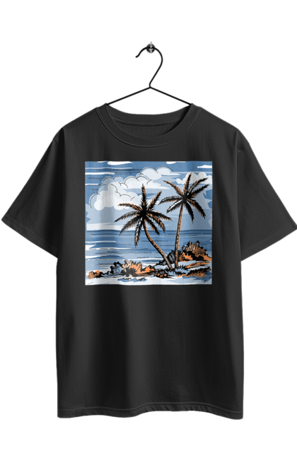 Футболка оверсайз з принтом "Пальми І Небо". Море, небо, пальми, хмари. 2070702