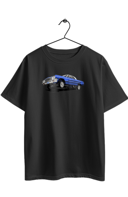 Футболка оверсайз з принтом "Автомобіль". Автомобіль, імпала, класика, лоурайдер, синій, шевроле. 2070702