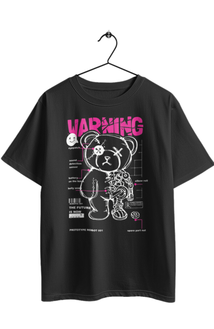 Футболка оверсайз з принтом "Робот ведмедик". Ведмедик, ведмідь, деталі, іграшка, попередження, робот, увага. 2070702