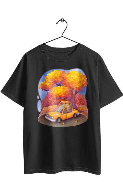 Футболка оверсайз з принтом "Осiнь Авто Дерево". Дерево, жовтий мила ілюстрація, машина, осінь, помаранчевий. 2070702