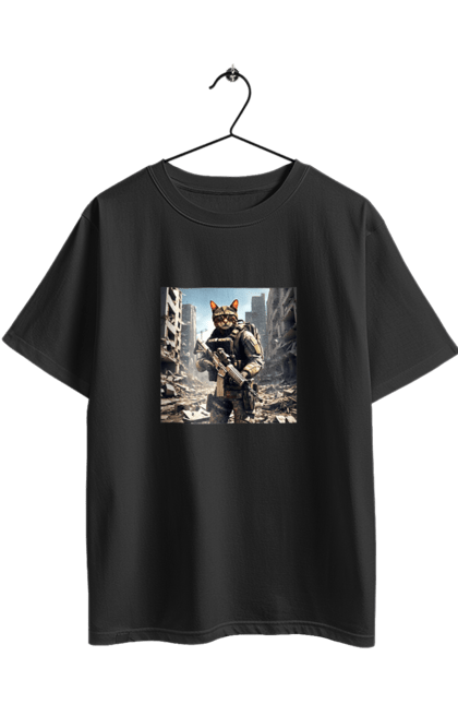 Футболка оверсайз з принтом "Кіт десантник". Бронежилет, війна, військовий, гвинтівка, захисник, камуфляж, кіт, рушниця. 2070702