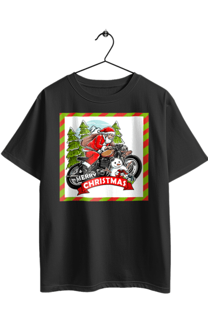 Футболка оверсайз з принтом "Санта на мотоциклі". Мотоцикл, новий рік, подарунки, різдво, санта, сніговик, ялинка. 2070702