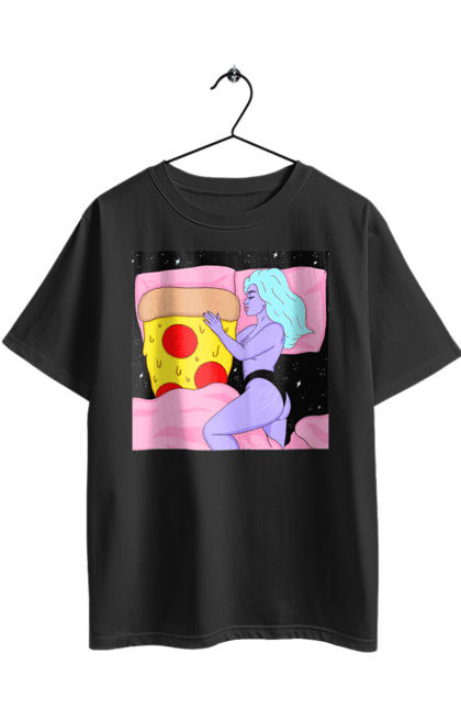 Футболка оверсайз з принтом "Фіолетова Дівчина І Піца". Дівчина, ліжко, піца. 2070702