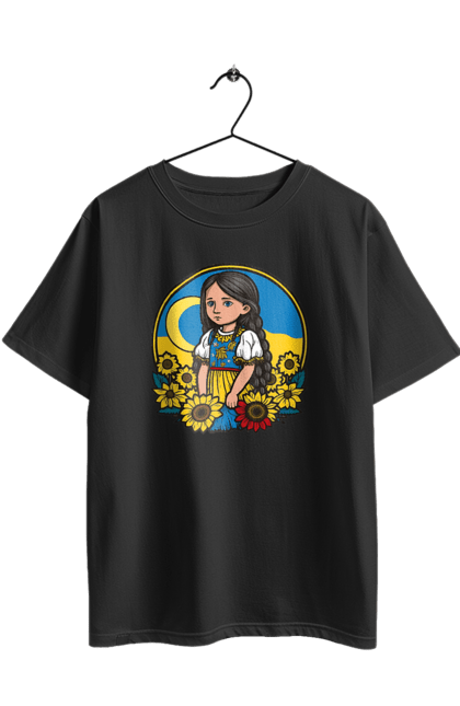 Футболка оверсайз з принтом "Мила Українська дівчинка". Блакитний, жовтий, жовто-блакитний, зроблено в україні, патріот, патріоти україни, підтримую україну, прапор україни, україна, українська дівчинка. 2070702