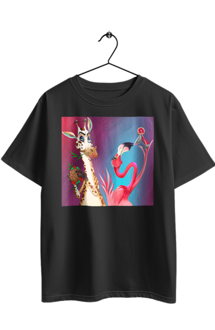 Футболка оверсайз з принтом "Жираф І Фламінго На Вечірці". Жираф, їжа, коктейль, фламінго. 2070702