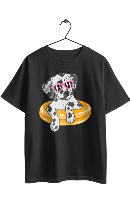 Футболка оверсайз з принтом "Далматинець Плаває У Колі". Далматинець, окуляри, плавати, собака. 2070702