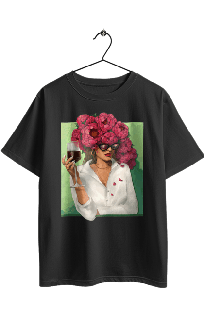 Футболка оверсайз з принтом "Дівчина з півоніями та келихом". Вино, дівчина, квітка, келих, літо, окуляри, півонії, сорочка. 2070702