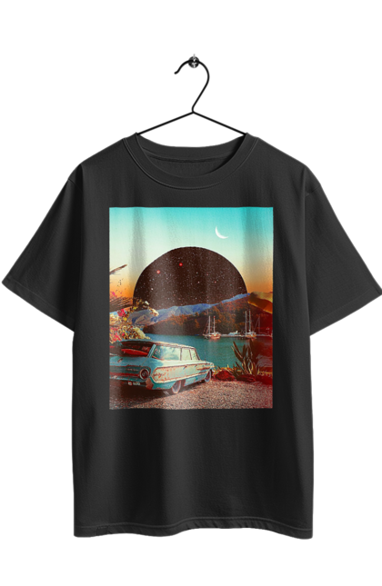 Футболка оверсайз з принтом "Картина, машина біля річки". Картина, машина, планета, прикол, ретро, річка. 2070702
