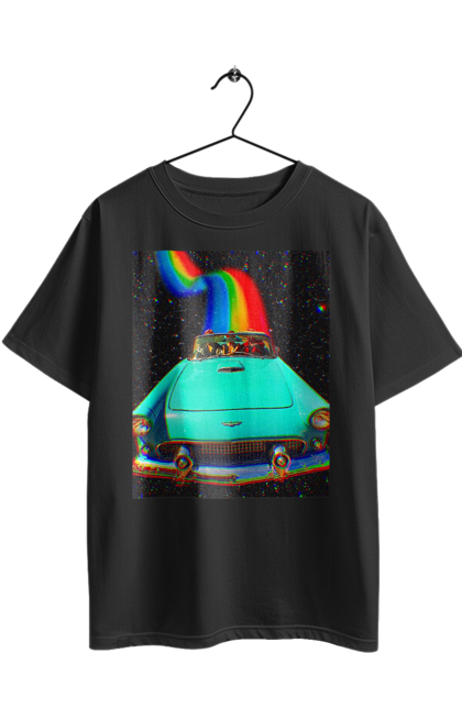 Футболка оверсайз з принтом "Картина, машина у космосі". Веселка, картина, космос, машина, подорожі, поїздка, прикол, ретро. 2070702