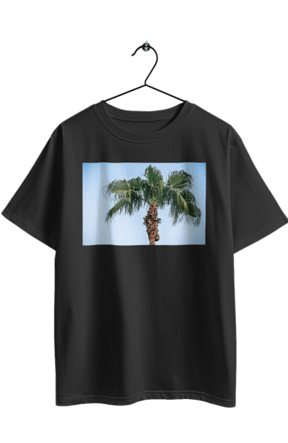 Футболка оверсайз з принтом "Пальма на тлі неба". Берег, блакитне, відпочинок, відпустку, єгипет, зелений, зелені, лист, листя, море, небо, оазис, океан, острів, пальма, південь, подорож, пригоди, тропіки, туреччина. 2070702