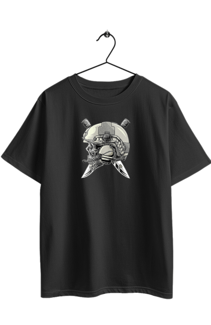 Футболка оверсайз з принтом "Череп пілота". Військовий, захисник, ніж, пілот, череп, шолом. 2070702