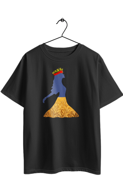 Футболка оверсайз з принтом "Україна". Вінок, дівчина, дівчинка, жовтий синій, жовто-блакитне, маки, національні кольори, небо, пшеничне поле. 2070702