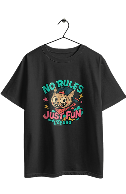 Футболка оверсайз з принтом "Лабубу". Norulesjustfun, y2k, бандана, вуличний стиль, грайливий, графіті, зухвалий, лабубу, ретромультяшка, яскраво. 2070702