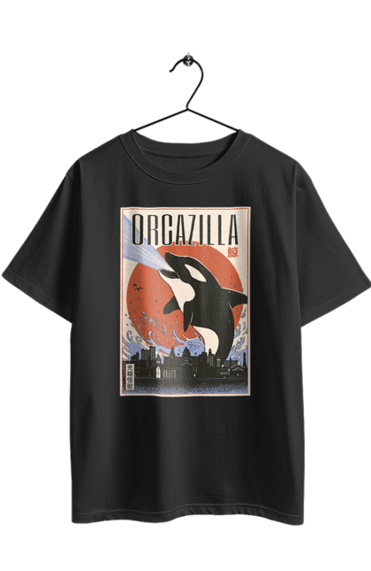Oversized t-shirt with prints Orcazilla. Cartoon style design, graphic, japan print, japanese, japanese art, japanese poster, japanese poster orca, ocean wildlife, orca, orcazilla. 2070702