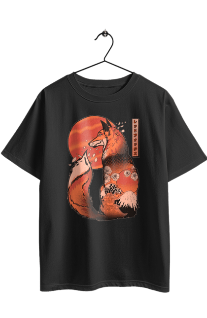Oversized t-shirt with prints Kitsune. Animal, cherry blossoms, flowers, fox, great wave, japan, japanese, kitsune, mount fuji, red fox. 2070702