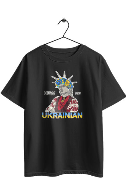Футболка оверсайз з принтом "UA & NY". Вишиванка, вінок, нью йорк, статуя свободи, україна. 2070702
